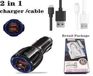 Chargeur USB de voiture à 2 ports Charge rapide Chargeur de téléphone portable USB Chargeur de voiture rapide Câble de type câble micro Câble rapide 1M Câbles avec vente au détail P3721645