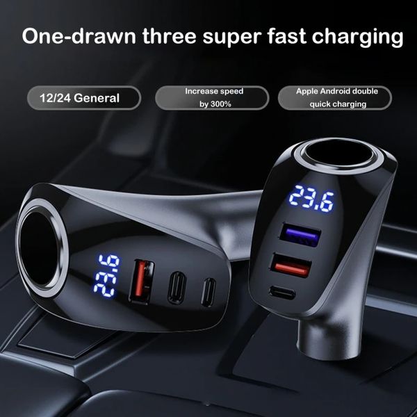 Voiture 4 ports 100W Pd chargeur de charge rapide voiture USB multi-fonction affichage numérique Qc charge adaptateur universel allume-cigare avec emballage de boîte de vente au détail