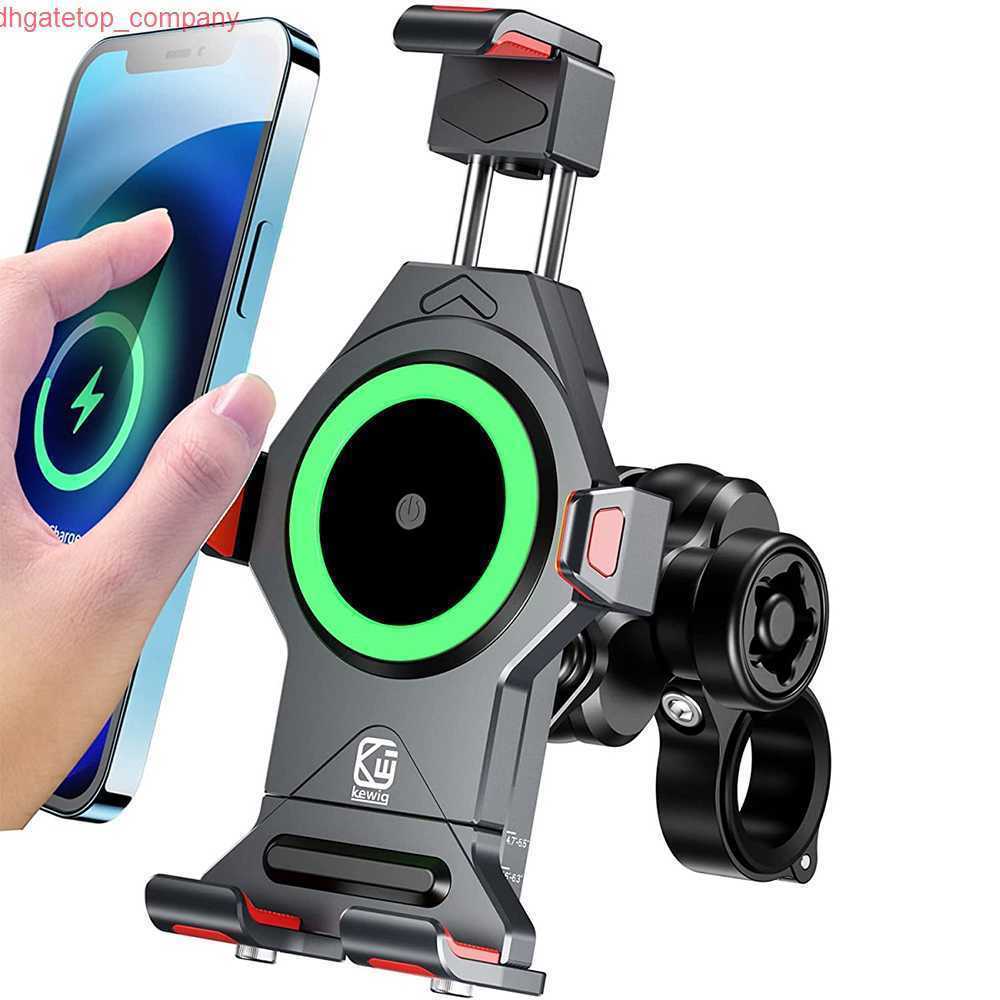 Car Aluminum Alloy Motorcycle Phone Mount with Qi 15W Wireless Charger Vibration Dampener One-Push Automatically Handlebar Holder
