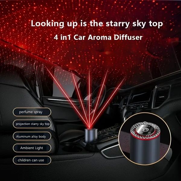 Diffuseur d'arôme de voiture, avec plafond à projection d'étoiles, lumière ambiante intérieure, purificateur d'air, diffuseur d'arôme, peut ajouter du parfum. Humidificateur à brume