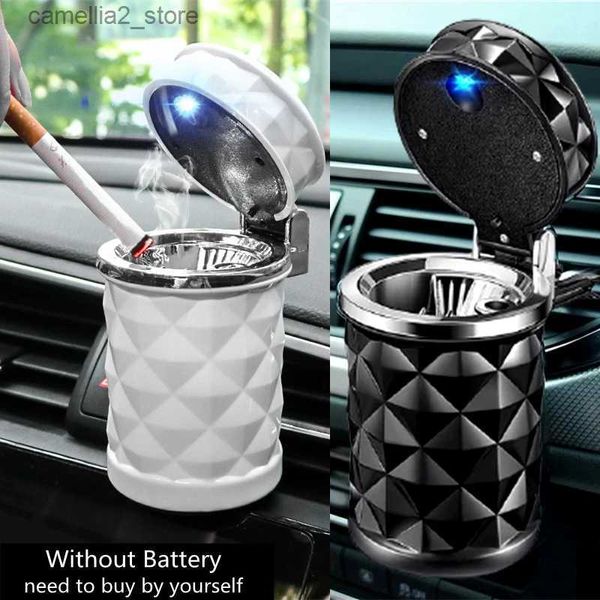 Cendriers de voiture Cendrier de voiture avec lumière LED Cendrier en alliage portable universel Tasse en aluminium Cendrier automatique sans fumée Porte-gobelet de voiture ignifuge Q231125