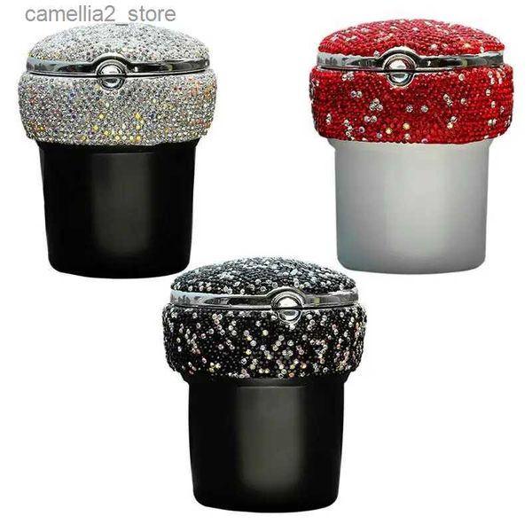 Cendriers de voiture Porte-gobelet Cendrier Cendrier de voiture Femmes Strass Porte-gobelets de voiture Cylindres portables Lumières LED bleues Mini poubelles pour tasse de voiture Q231125