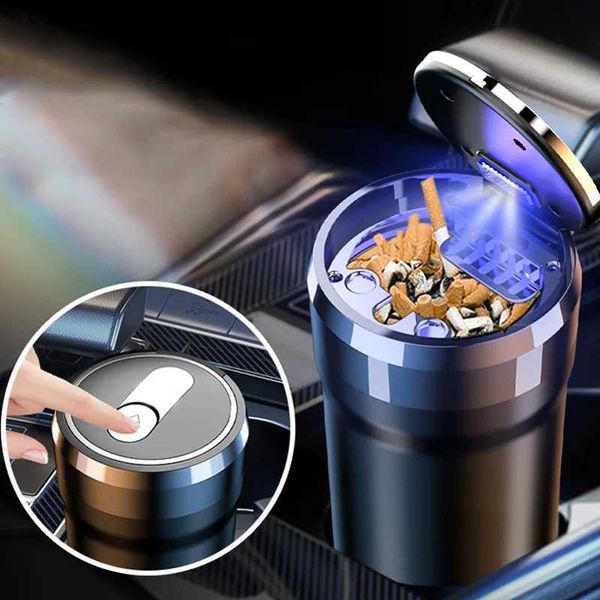 Cendriers de voiture Cendrier LED de voiture portable cendrier automatique universel porte-cendres de cigarette tasse décoration intérieure de voiture boîte de support automatique sans fumée Q231125