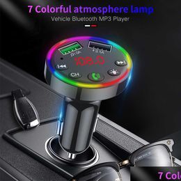 Car Audio Bluetooth Fm Transmitter 7 Couleurs Led Radio Rétroéclairé Lecteur de Musique MP3 Atmosphère Lumière O Récepteur Usb Chargeur Drop Delivery Dhvk0