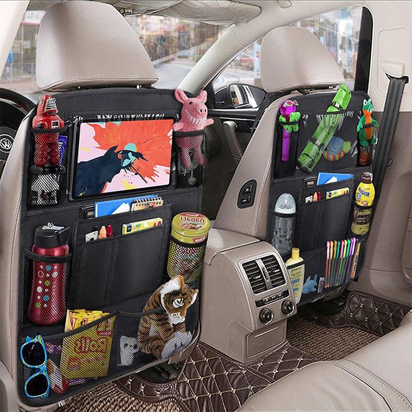 Organizador para asiento trasero de automóvil con soporte para tableta con pantalla táctil, 9 bolsillos de almacenamiento, tapetes para patadas, protectores de respaldo para asiento de automóvil para niños pequeños252s