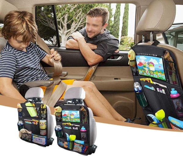 Organizador para asiento trasero de coche con soporte para tableta con pantalla táctil, 9 bolsillos de almacenamiento, alfombrillas, protectores de respaldo para asiento de coche para niños pequeños 3893586