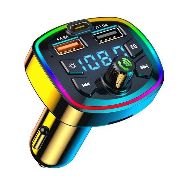 Coche Bluetooth 5.0 Cargador Transmisor FM PD Tipo-C Dual USB 4.2A Luz ambiental colorida Encendedor de cigarrillos Reproductor de música MP3 W220328