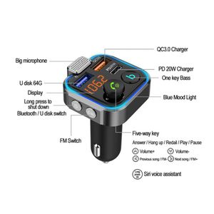 Voiture Bluetooth 5.0 FM Adaptateur audio émetteur One Key Bass MP3 lecteur Microphone Musique USB Play QC3.0 PD20W Charger rapide