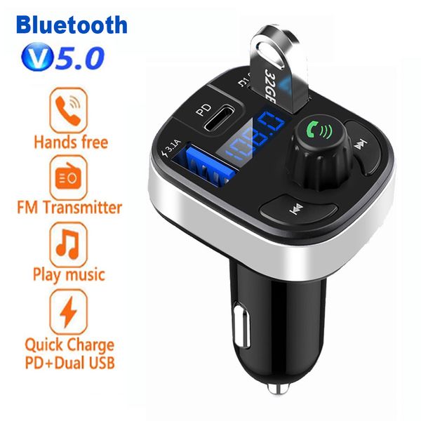 Trasmettitore FM per auto Bluetooth 5.0 Dual USB PD Tipo C Caricabatteria per auto a ricarica rapida Microfono Bluetooth Vivavoce Modulatore FM per auto