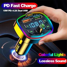 Car Bluetooth 5.0 FM Zender PD 18W Type-C Dual USB 4.2A Fast Charger LED Backlit Atmosphere Licht Mp3-speler
