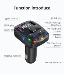 Car Bluetooth 5.3 FM Transmitter PD 30W Type-C Dual USB 4.2A Fast Charger Ambient Light Handsfree Radio Modulator MP3 Player