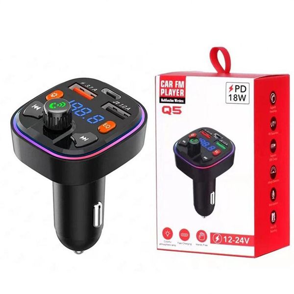 Kit Bluetooth para automóvil Nuevo Dual 2 Puerto USB Tipo C PD Carga rápida Bluetooth Transmisor FM Inalámbrico Mp3 Manos O Kit de reproductor Q5 Drop Deliver Dhgw7