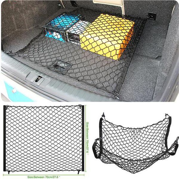 Coffre de coffre de voiture Boot String Bag 70cm x 70cm Élastique Nylon Car Cargo Trunk Storage Organizer Net Avec 4 Crochets SUV Car Styling312o