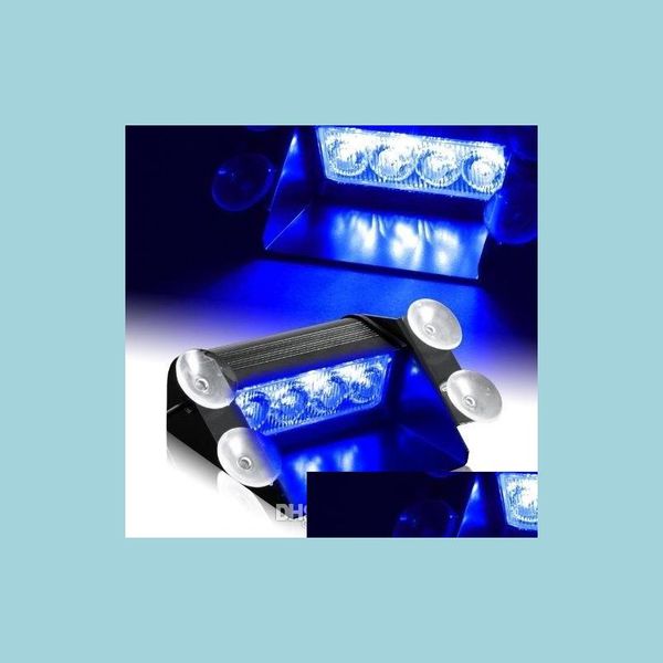 Ampoules de voiture Bleu 4 Led Avertissement d'urgence de voiture Tableau de bord Visière de tableau de bord Police Lumières stroboscopiques 4Led Lampe Drop Delivery 2022 Mobiles Moto Dhpmt