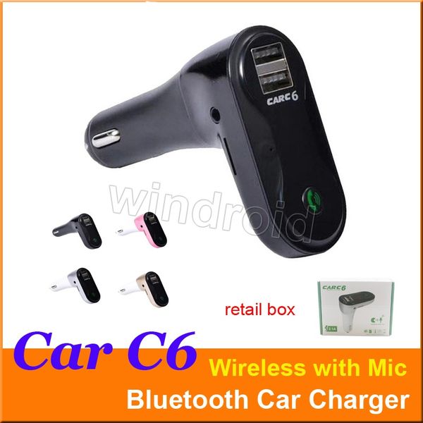 CAR C6 Transmetteur Bluetooth multifonction 2.1A Double chargeur de voiture USB avec micro Lecteur MP3 Kit de voiture Support TF Carte Mains libres Avec boîte de vente au détail