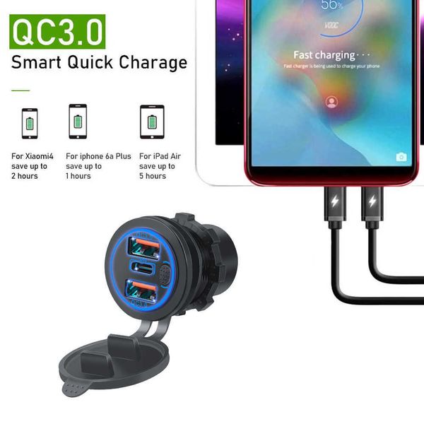 Chargeur de voiture 68w double Qc 3.0 Usb Pd type-c Triple prise allume-cigare 12-24v avec interrupteur tactile pour voiture bateau Marine Rv