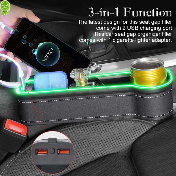 Voiture Voiture Boîte De Rangement Crevasse Avec 2 Chargeur USB Réglable Coloré LED Siège Gap Fente Poche Siège Organisateur Carte Téléphone Tasses Titulaire