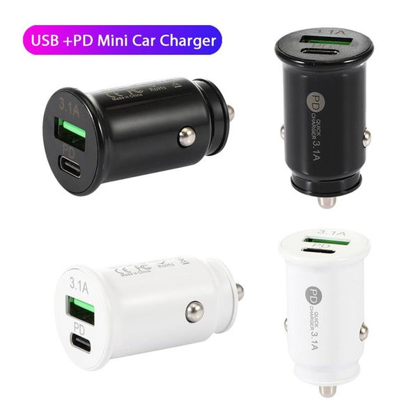 Cargador de coche 3.1A Puertos duales de alta velocidad PD USB-C Tipo c Cargador de coche Adaptadores AutoPower Cargadores para Ipad Iphone 7 8 plus x xr 13 Samsung HTC teléfono Android sin caja al por menor