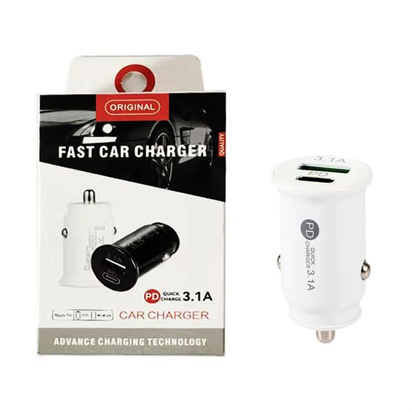 Cargador de coche 3.1A Puertos duales de alta velocidad PD USB-C Tipo c Cargador de coche Adaptadores AutoPower Cargadores para Ipad Iphone 15 14 plus 13 Samsung HTC teléfono Android con caja de venta al por menor 848DD