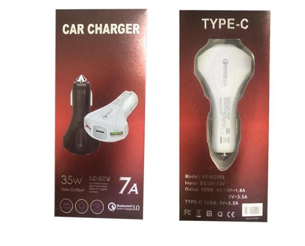 Chargeur de voiture 3 ports charge rapide 7A 35W Type c PD marteau sécurité QC30 chargeur de voiture rapide pour samsung avec boîte de vente au détail 1090632