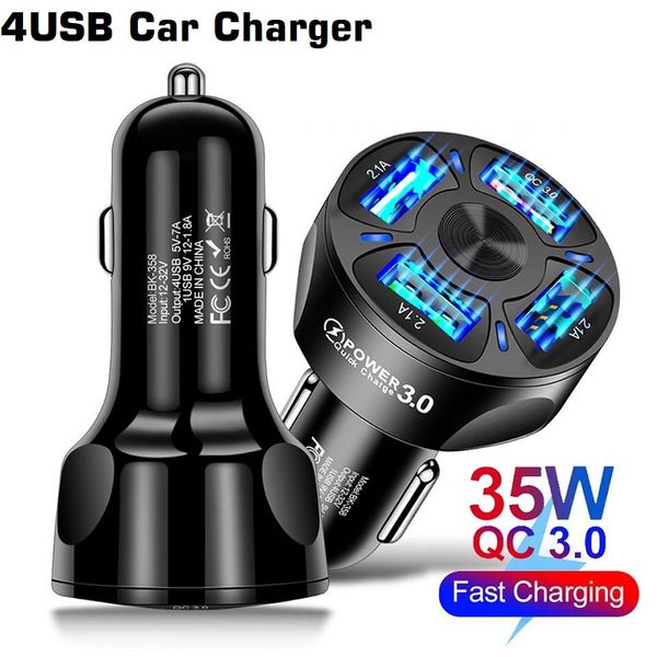 Chargeur de voiture 4 Ports USB 35W 7A, charge rapide, pour iPhone 15 14 Xiaomi Huawei, téléphone portable QC 3.0