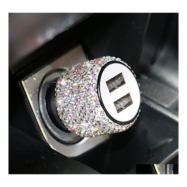 Chargeur De Voiture Bling Usb 5V 2.1A Double Port Adaptateur Rapide 4 Couleurs Décoration Styling Diamant Accessoires Intérieur Pour Femme Drop Deliver Dhvtb