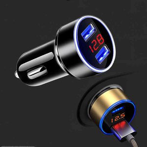 Car Charger For Cigarette Lighter Smart Phone USB Adapter Mobile Dual Digital Display Voltmeter Fast Charging