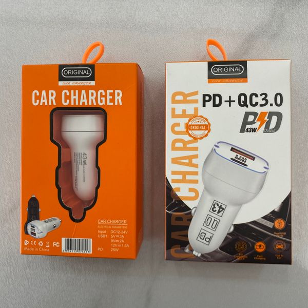 Cargador de coche Teléfono Carga rápida 43W QC3.0 PD25W USB Tipo C Carga rápida para Android Huawei Xiaomi Poco GPS MP3 Carga universal para coche con caja de venta al por menor