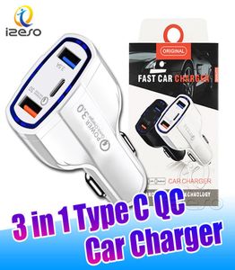 Chargeur de voiture Type C QC30 Adaptateur de charge rapide 3 en 1 PD Fast Charger pour iPhone 14 13 Pro Max 12 11 avec package de vente au détail IZESO2351959
