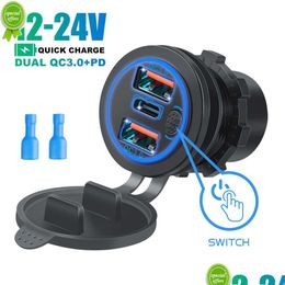 Sigarettenaansteker in de auto Nieuwe autolader 68W Dual Qc 3.0 Usb Pd Type-C Triple sigarettenaansteker 12-24V met aanraakschakelaar voor boot Dhxyc