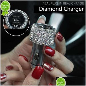 Allume-cigare de voiture Nouveau chargeur de voiture double USB en cristal de diamant avec affichage LED allume-cigare données de téléphone portable pour livraison directe Dhesw