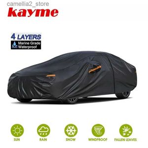 Bâches pour voiture Kayme Noir Housse de voiture en coton robuste imperméable à l'eau tous temps Couverture extérieure complète Protection extérieure contre le soleil et les UV avec fermeture à glissière Q231012