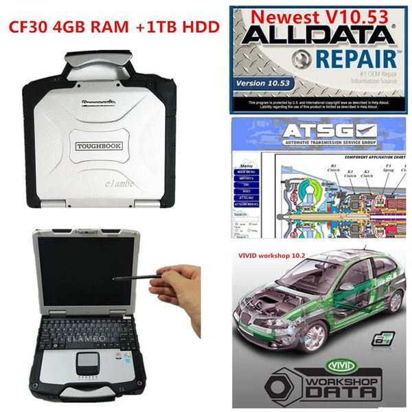 Herramienta de diagnóstico de coche CF-30 Toughbook más nuevo Alldata v10 53 y software ATSG 3 en 1 TB hdd conjunto completo en cf30 4GB laptop267B