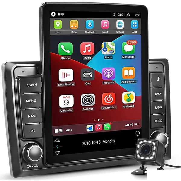 Reproductor de DVD con DVD para automóvil 10 Pantalla táctil vertical Estéreo para automóvil Android 9.1 Navegación GPS con doble DIN con espejo de vidrio templado 2.5D Bluetooth Veh DHJSP