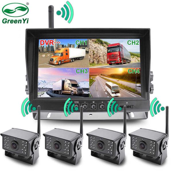 Car dvr 2023 Actualización de la cámara de grabación DVR de respaldo inalámbrico digital y kit de monitor AHD de 4 canales y 9 pulgadas para TruckTrailerBusPickupsTrailerHKD230701