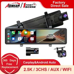 DVR para automóvil ADINKAM 12 pulgadas 3 CHS 2.5K Dashcam Apple Carplay Android Soporte automático AUX Cámara de espejo retrovisor portátil WIFI incorporado Q231115