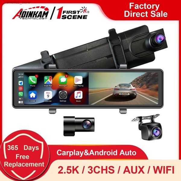 DVR de voiture ADINKAM 12 pouces 3 CHS 2.5K Dashcam Apple Carplay Android Auto Support AUX Caméra de rétroviseur portable intégrée WIFI Q231115