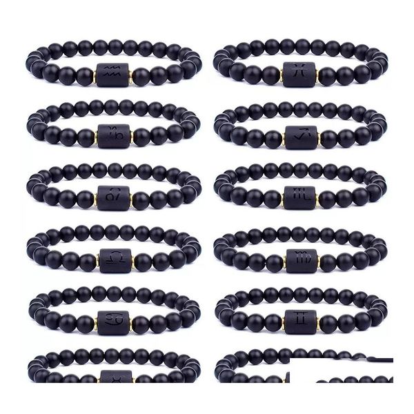 coche dvr Beaded Strands 12 Constelación Pulseras Hombres Black Stone Bead Bracelet Star Sign Zodiac Horóscopo Amante Pareja Amistad Joyería Dhg0M