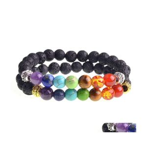 coche dvr Hebras de cuentas Joyería de piedra de lava negra 7 Pulseras de chakra 8Mm Yinyang Rock Bead Elástico Piedras naturales Piedras preciosas Yoga Menditación Dhzab