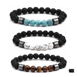 voiture dvr Perlé Strands Hommes Rock Lava Perlé Bracelet Femmes Strand Healing Energy Réglable Noir Agate Pierre 8Mm Triple Protection Bracelet Dh3Eu