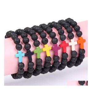 coche dvr Beaded Strands Trendy 8Mm Black Lava Stone Turquoise Bead Cross Bracelet Oil Difusor Volcanic Beads Para Mujeres Hombres Joyería Drop Del Dh6Fj