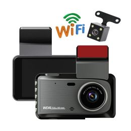 DVR de voiture DVR de voiture 4,0 pouces DVR 1080P FL Hd Dash Cam Caméra à double objectif 170 degrés grand angle enregistrement de cycle vidéo support de véhicule Wifi X Otzds