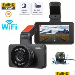 Car Dvr Car Dvrs Dash Cam Dvr 24H HD 1296P Cámara Grabadora de video de doble lente Black Box Cycle Dashcam con Wifi G-Sensor Videocámara nocturna Otmmg