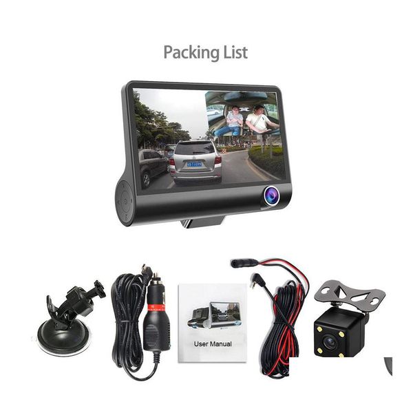 coche dvr Coche Dvrs Dvr 3 Cámaras Lente 4.0 Pulgadas Cámara de tablero Dual Con retrovisor Grabadora de video Registrador Cam Drop Delivery Móviles Motocicletas Dh7Fb