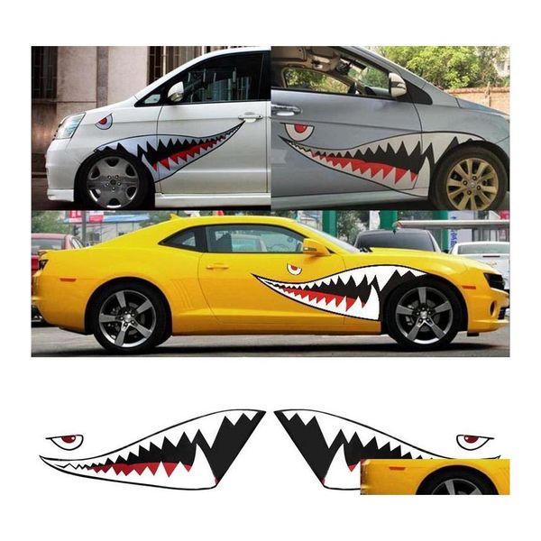 voiture dvr Autocollants De Voiture 2 Pcs/Paire Diy Shark Bouche Dent Dents Pvc Autocollant Cool Stickers Étanche Bateau Décoration Drop Delivery Mobiles Motorcyc Dhjaz