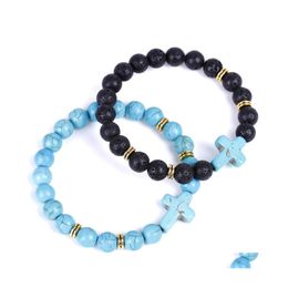 voiture dvr Charme Bracelets Croix Charmes Perles De Lave Brin Classique 8Mm Turquoise Pierre Élastique Bracelet D'amitié Plage Pour Femmes Hommes Bijoux D Dhbnc