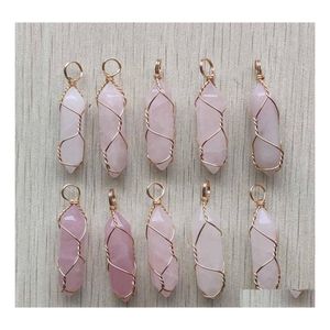 coche dvr Encantos Alambre de oro envuelto Cuarzo rosa Hexágono Pendum Chakra Colgante Curación Rosa Cristal Colgantes de piedra Joyería de moda Fabricación Gota D Dhbje