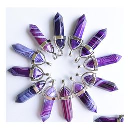 Auto DVR Charms Purple Stripe Agate Steen Pilaar Vorm Point Chakra Hangers voor sieraden maken Druppel levering bevindingen componenten Dh0oz