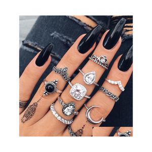 Auto DVR Cluster Rings Retro Knuckles Ring Set Dames Girls kunnen Sier FL Diamond Glass Crystal Moon Drop levering sieraden Dhyzf stapelen