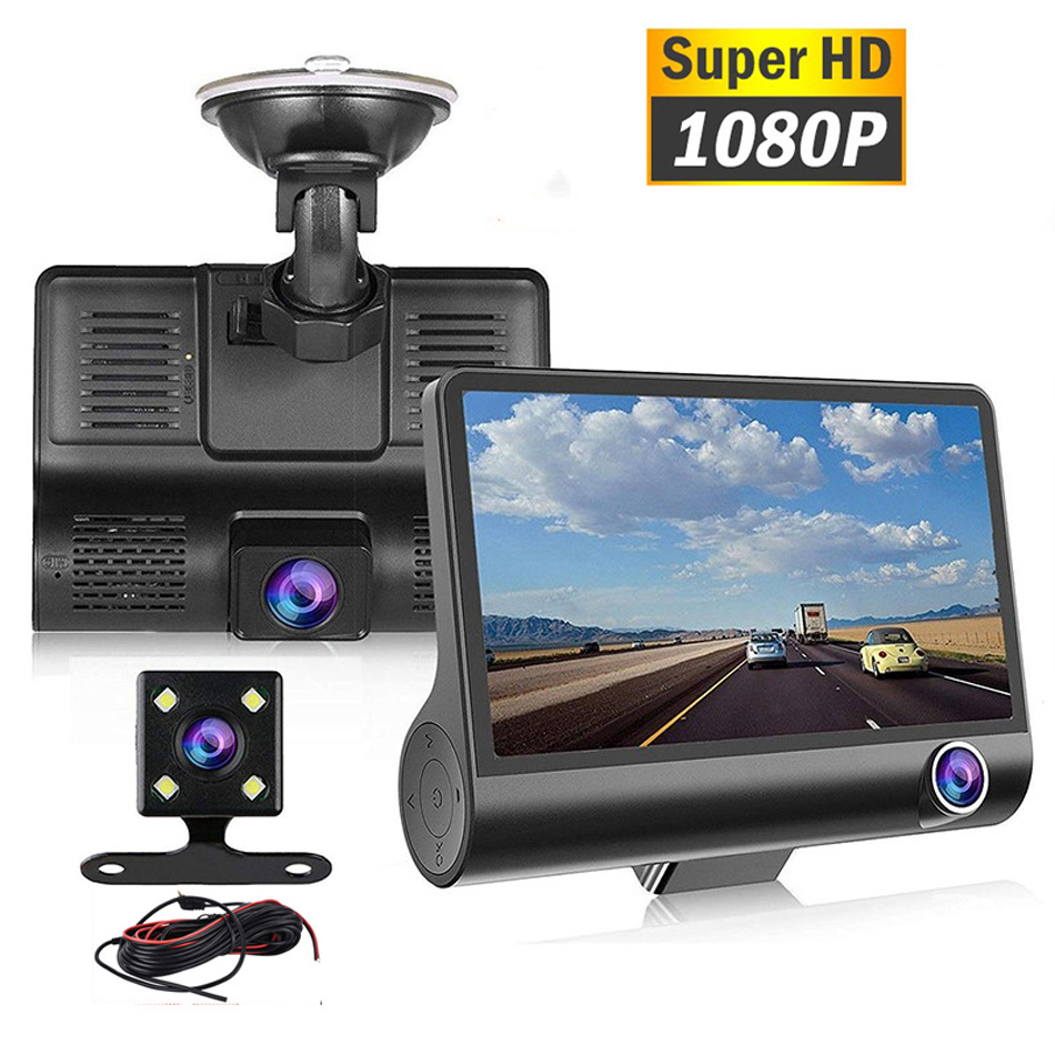 Gravador de carro DVR HD 1080P 3 lentes 170 graus de visão traseira Câmera de vigilância de estacionamento Detecção automática de movimento por vídeo
